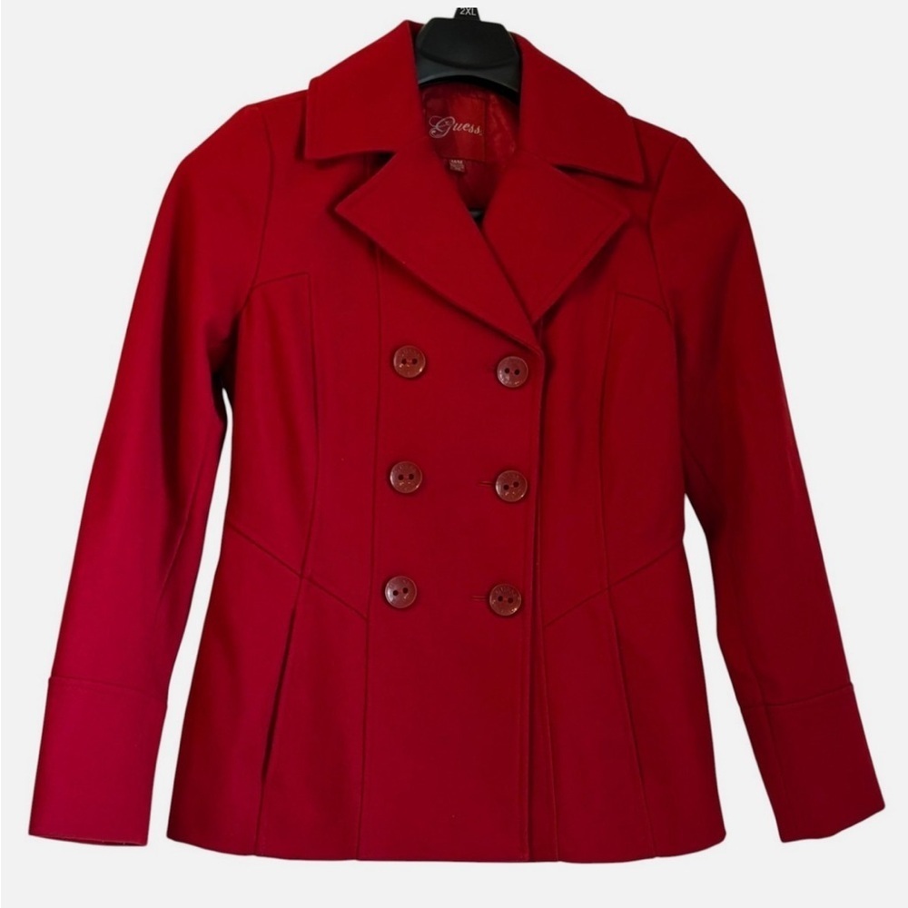 Guess Women’s Double Breasted Red Peacoat Wool Blend Jacket M Preppy Academia